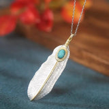 S925 Double Turquoise Feather Necklace Wedding Jewelry