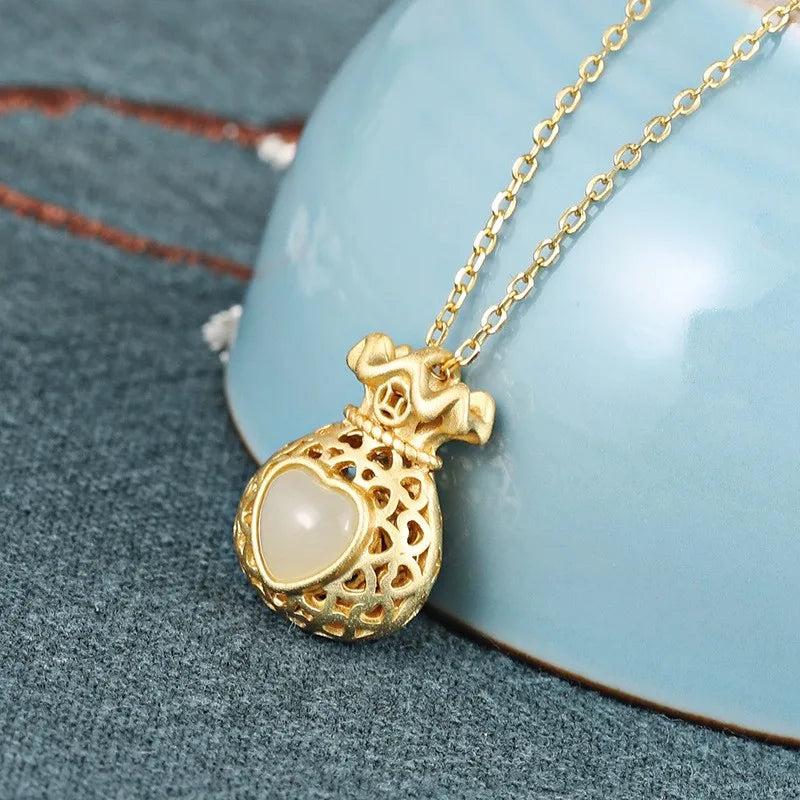S925 Sterling Silver Hetian Jade Hollow Money Bag Necklace