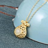 S925 Sterling Silver Hetian Jade Hollow Money Bag Necklace