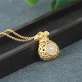 S925 Sterling Silver Hetian Jade Hollow Money Bag Necklace