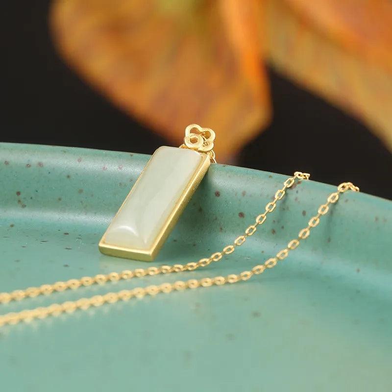 ZFSILVER S925 Sterling Silver Hetian Jade Rectangle Necklace for Women