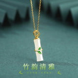 ZFSILVER S925 Sterling Silver Hetian Jade Bamboo Knot Leaf Necklaces