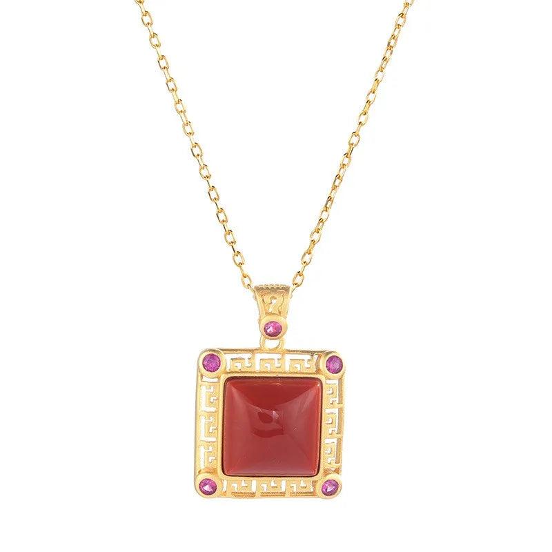 925 Sterling Silver Agate Jade Garnet Square Necklace Wedding Jewelry