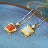 925 Sterling Silver Agate Jade Garnet Square Necklace Wedding Jewelry