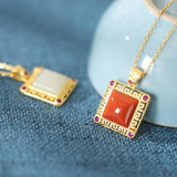 925 Sterling Silver Agate Jade Garnet Square Necklace Wedding Jewelry
