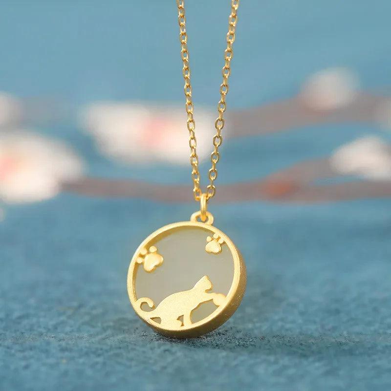 S925 Sterling Silver Hetian Jade Cat Paw Necklace Wedding Jewelry