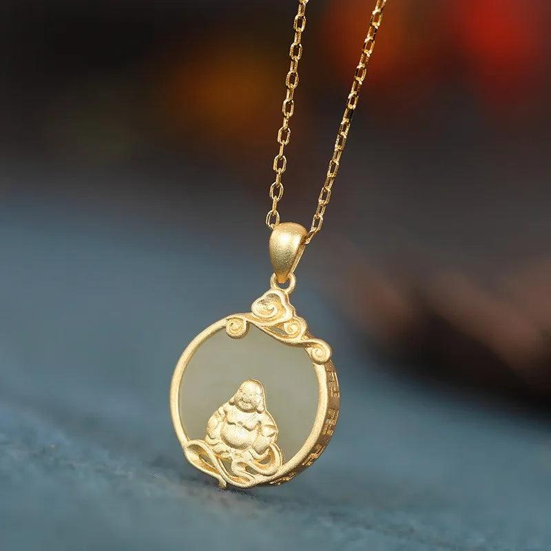 S925 Sterling Silver Hetian Jade Tassel Lucky Buddha Necklace