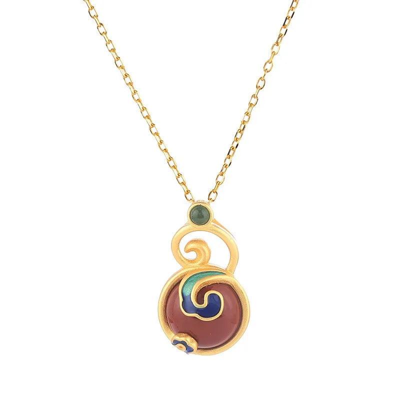 925 Silver South Red Agate Hetian Jade Enamel Necklace