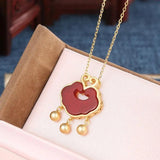 925 Silver Red Agate Dangle Ball Necklace Safty Lock