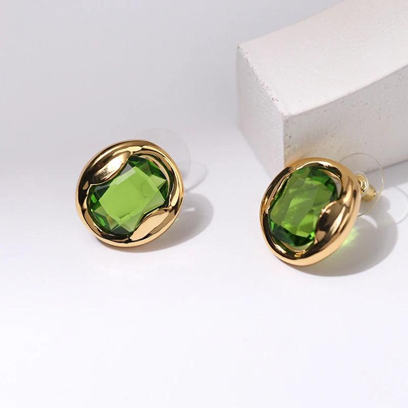 18K Retro Green Crystal Choker Necklace Pendant Ear Clips