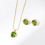 18K Retro Green Crystal Choker Necklace Pendant Ear Clips