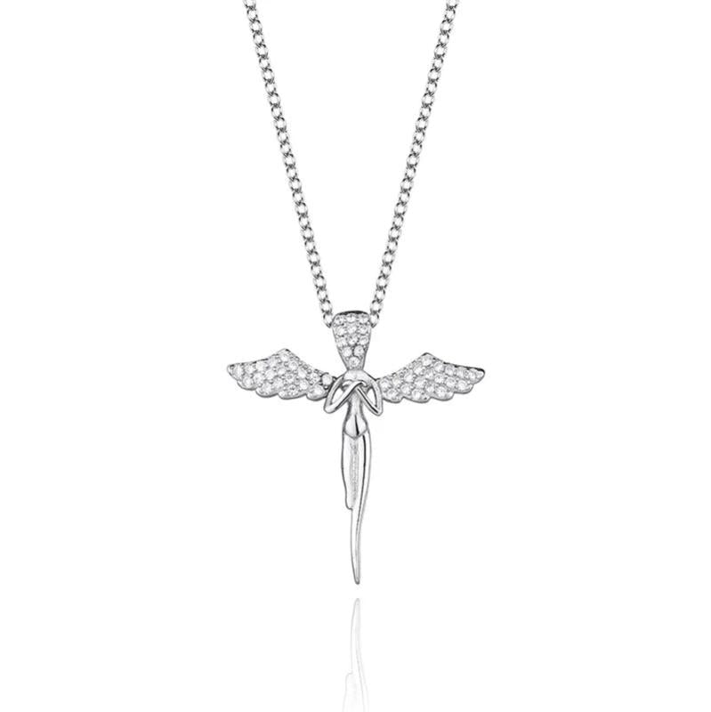925 Silver Angel Wing Cross Necklace with Zirconia