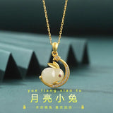 S925 Silver Hetian Jade Moon Rabbit Necklace Women Wedding Charm