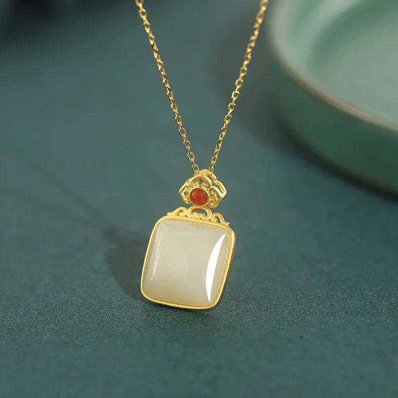 ZFSILVER S925 Sterling Silver Hetian Jade Square Necklace