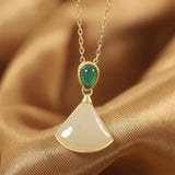 ZFSILVER S925 Sterling Silver Hetian Jade Retro Fan Skirt Necklace