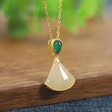ZFSILVER S925 Sterling Silver Hetian Jade Retro Fan Skirt Necklace