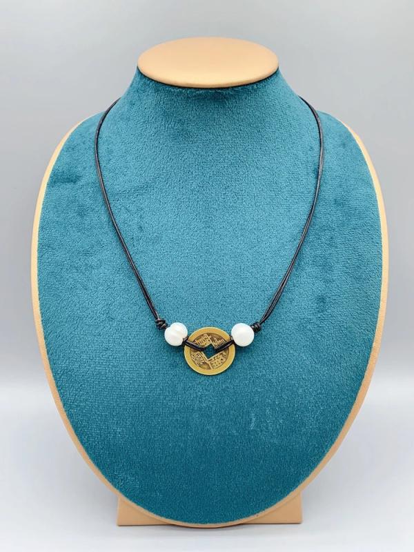 Chinese Coin Necklace Freshwater Pearls Leather Choker