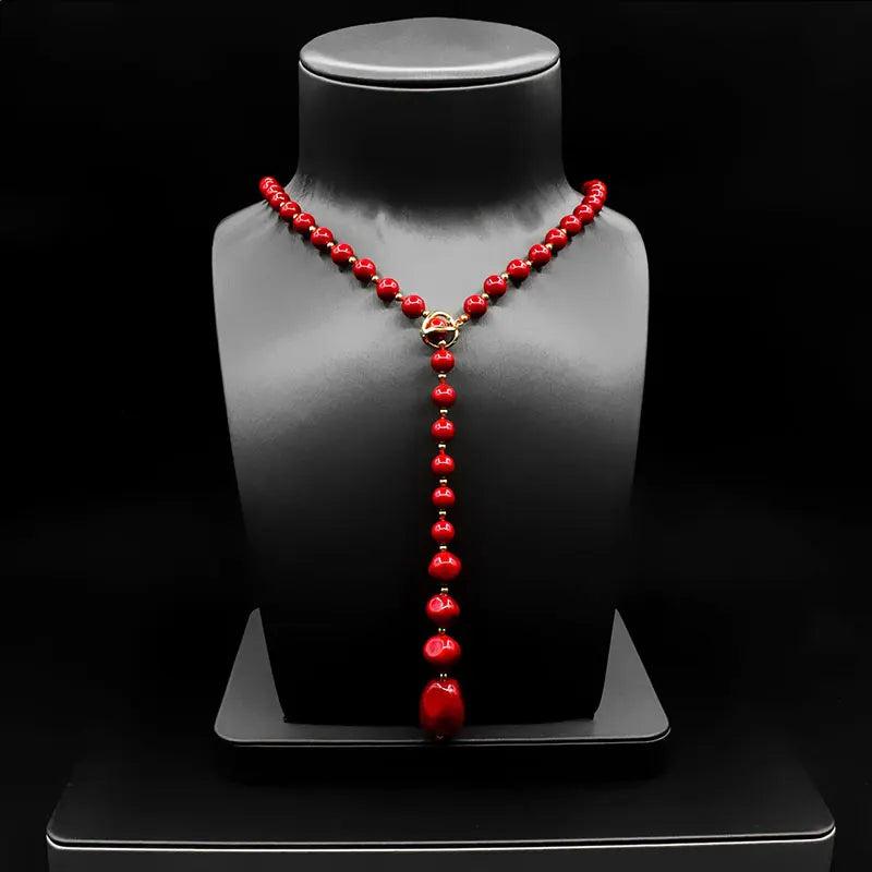 HUAMI Wool Sweate Chain Necklace Shell Pearl Red Top