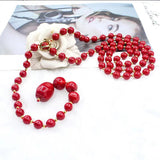 HUAMI Wool Sweate Chain Necklace Shell Pearl Red Top