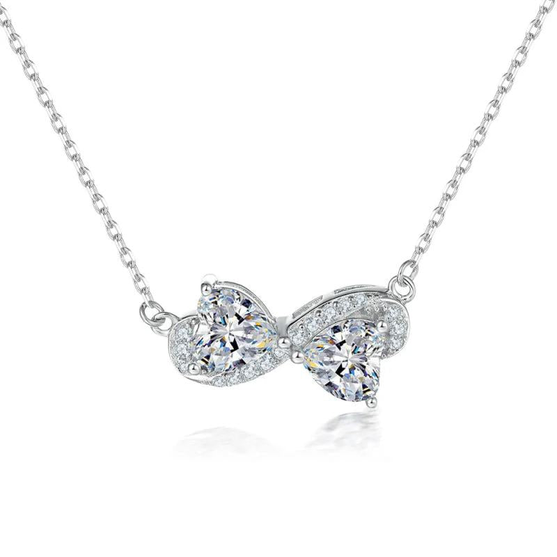 Necklace Bow Double Heart Zircon S925 Silver