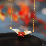 925 Silver Wing Red Agate Hotan Jade Pendant Necklace Zircon Gemstone Jewelry