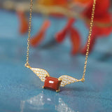 925 Silver Wing Red Agate Hotan Jade Pendant Necklace Zircon Gemstone Jewelry