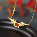 925 Silver Wing Red Agate Hotan Jade Pendant Necklace Zircon Gemstone Jewelry