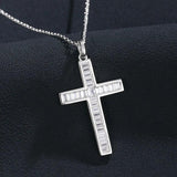 925 Silver Baguette Cross Pendant Iced CZ Womens Necklace