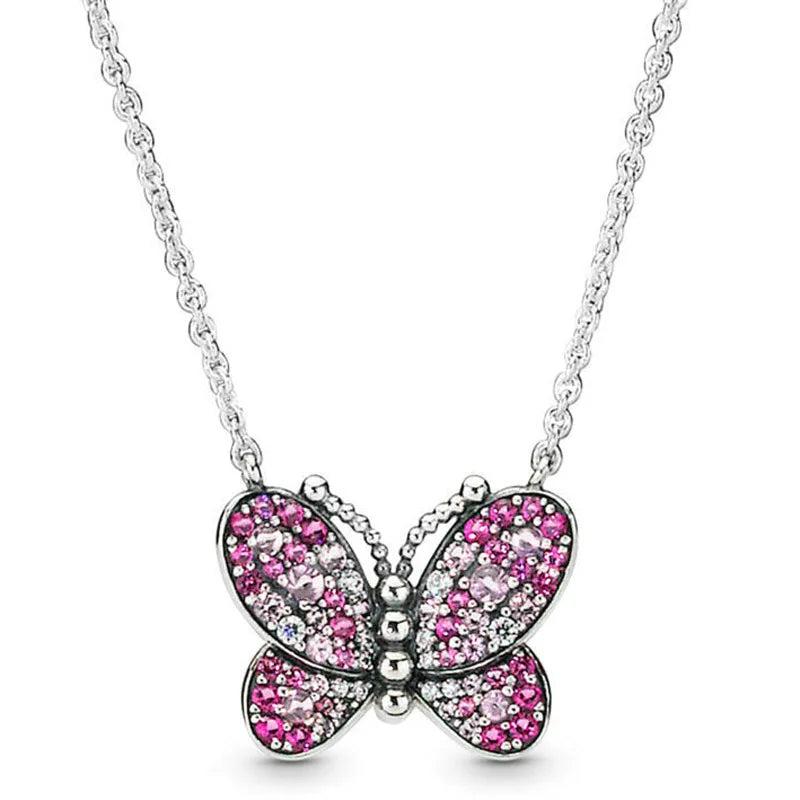 Pink Butterfly Crystal 925 Sterling Silver Charm Necklace