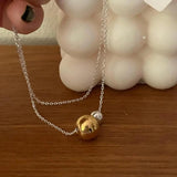 925 Sterling Silver Two Tone Double Ball Bead Drop Necklace