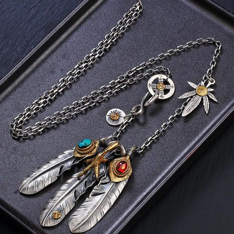 Turquoise Feather Silver Necklace Retro Style Sweater Chain Jewelry