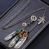 Turquoise Feather Silver Necklace Retro Style Sweater Chain Jewelry