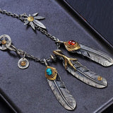 Turquoise Feather Silver Necklace Retro Style Sweater Chain Jewelry