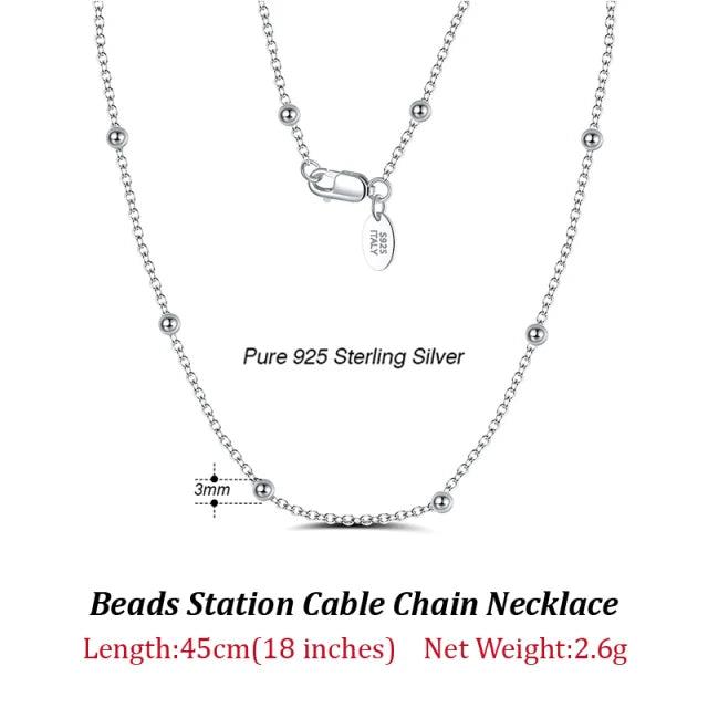 Italian 925 Silver 14K Rose Cable Chain w/ 2.0mm Ball Beads Station Necklace