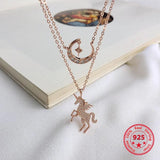 925 Silver Rose Unicorn Moon Zircon Pendant Necklace
