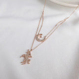 925 Silver Rose Unicorn Moon Zircon Pendant Necklace