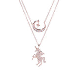 925 Silver Rose Unicorn Moon Zircon Pendant Necklace