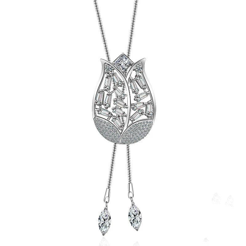 Rose Flower Wedding Long Necklace 925 Sterling Silver Chain for Women