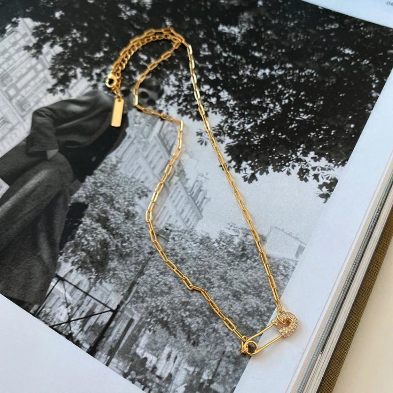 925 Silver Square Link Chain Necklace Zircon Pin Choker