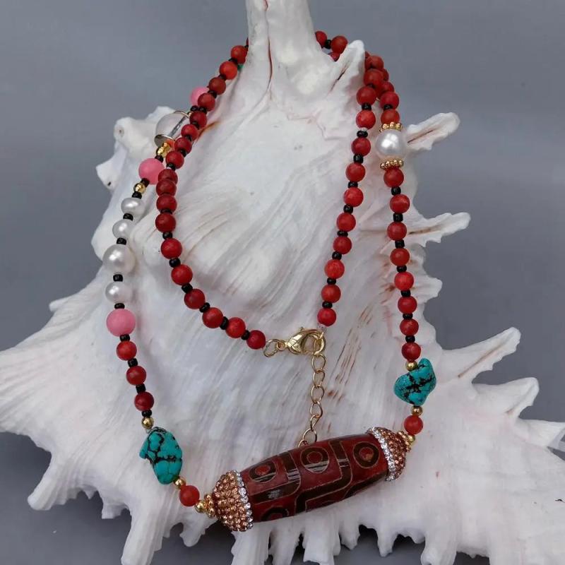 KKGEM 21'' Red Coral Pearl Turquoise Dzi Agate Necklace