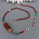 KKGEM 21'' Red Coral Pearl Turquoise Dzi Agate Necklace