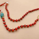 KKGEM 21'' Red Coral Pearl Turquoise Dzi Agate Necklace