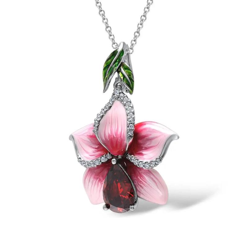 925 Silver Necklace Pink Enamel Flower Pendant