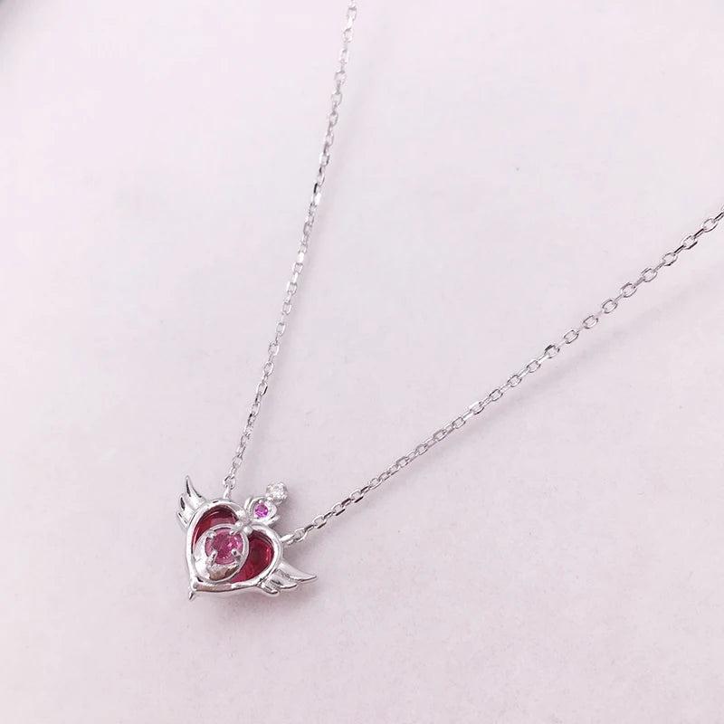 925 Silver Heart Angle Choker Necklace Crisis Moonlight Rose Red Stone Peach