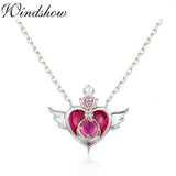925 Silver Heart Angle Choker Necklace Crisis Moonlight Rose Red Stone Peach