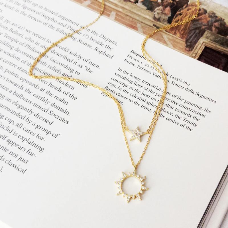 Geometric Star Sun Crystal Silver Choker Pendant Necklace