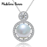9-10mm AA Round Pearl Sterling Silver Necklace with Cubic Zirconia