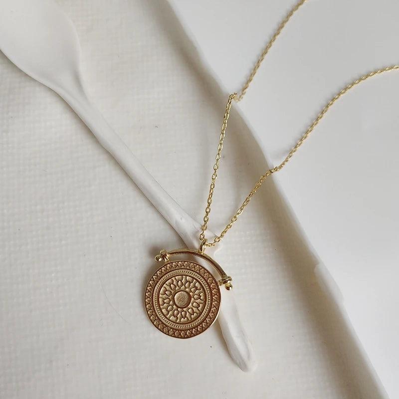 925 Silver Classical Pattern Coin Pendant Necklace Women Jewelry