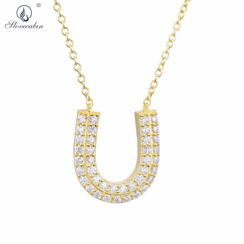 925 Silver Zircon Horseshoes Pendent Chain Necklace Full Crystal Letter U