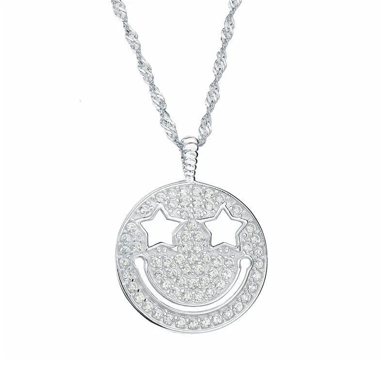 925 Sterling Silver Zircon Lucky Smile Face Pendant Necklace